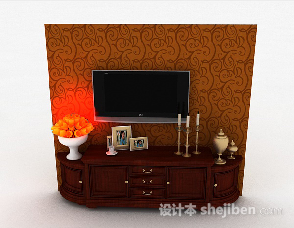 欧式风格欧式奢华木质电视背景墙3d模型下载