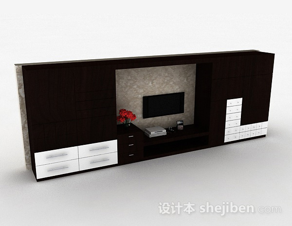 现代风木质棕色电视背景墙3d模型下载