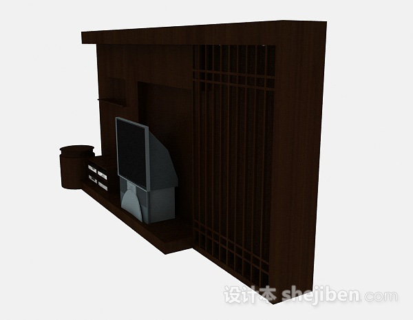 设计本中式造型木质深棕色电视背景墙3d模型下载