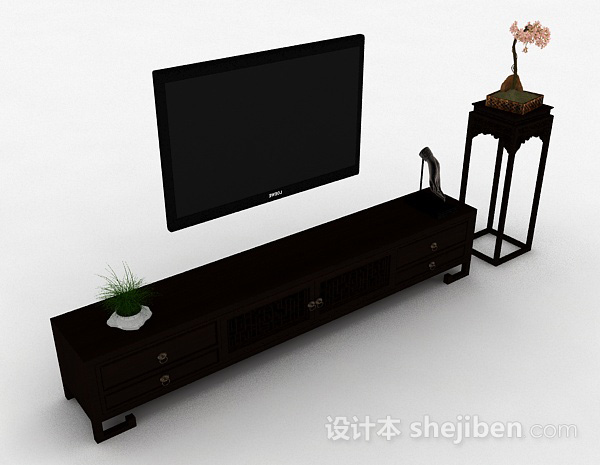 中式风格黑色雕花电视柜3d模型下载