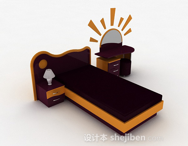 现代风格紫色单人床3d模型下载