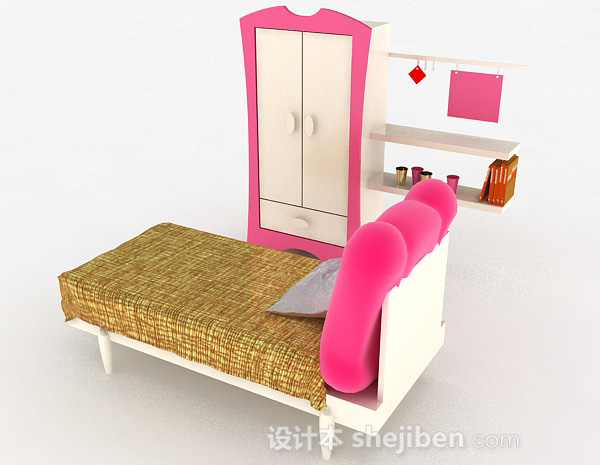 免费粉色组合单人床3d模型下载