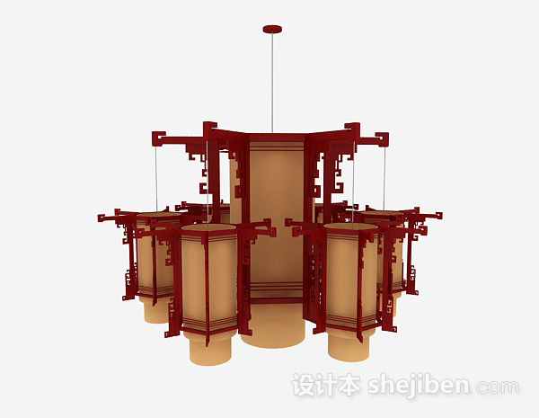 中式风格中式风格红色六边形吊灯3d模型下载