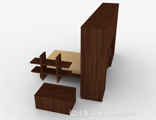 免费棕色木质衣柜床组合3d模型下载