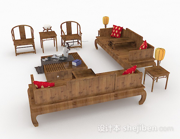 免费中式木质组合沙发3d模型下载