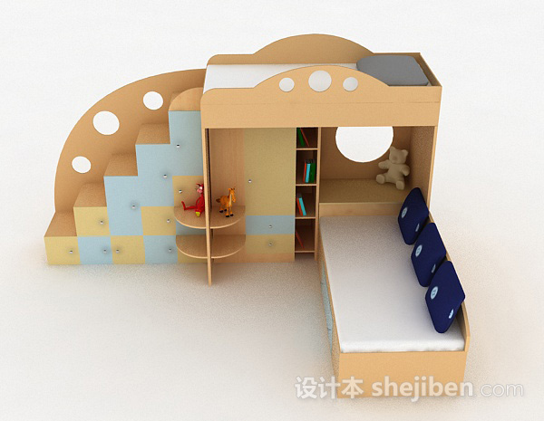 现代风格现代浅木色双层儿童床3d模型下载