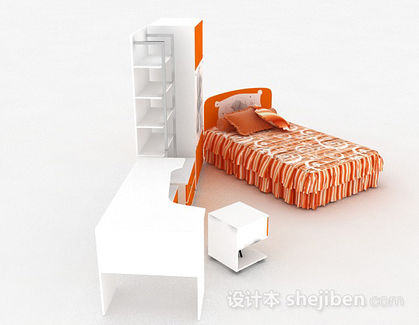 免费儿童橙色单人床3d模型下载