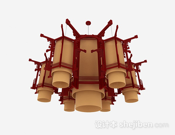 中式风格红色六边形吊灯3d模型下载