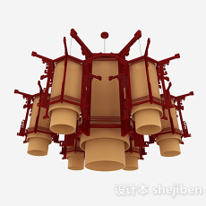 中式风格红色六边形吊灯3d模型下载