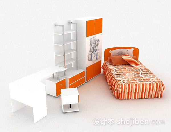 现代风格儿童橙色单人床3d模型下载