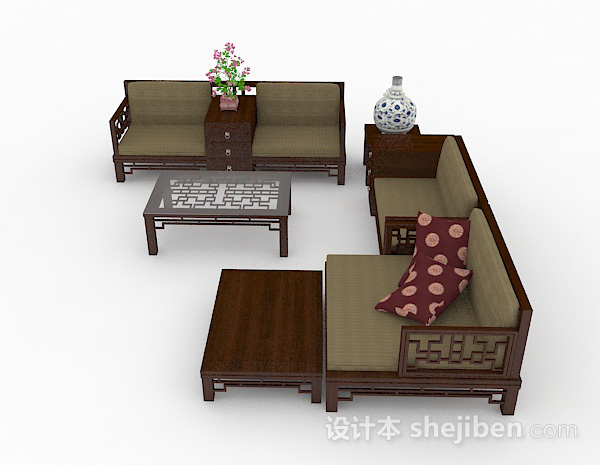 中式风格中式棕色组合沙发3d模型下载