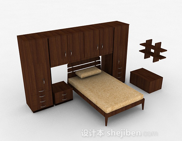 棕色木质衣柜床组合