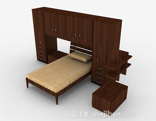 设计本棕色木质衣柜床组合3d模型下载