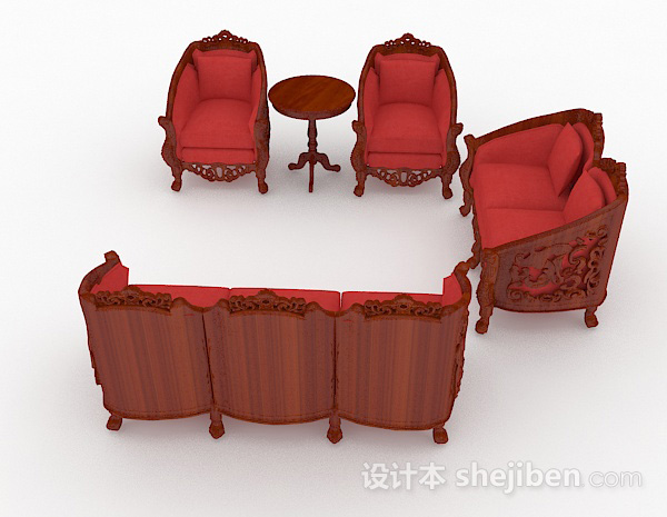 设计本中式红色木质组合沙发3d模型下载