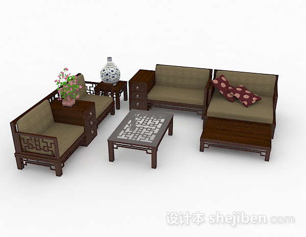 免费中式棕色组合沙发3d模型下载