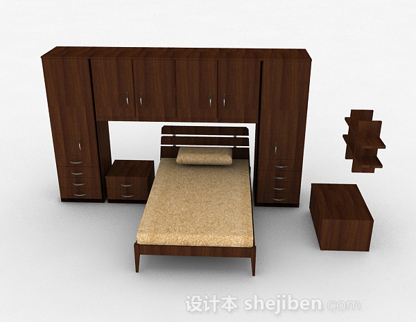 现代风格棕色木质衣柜床组合3d模型下载