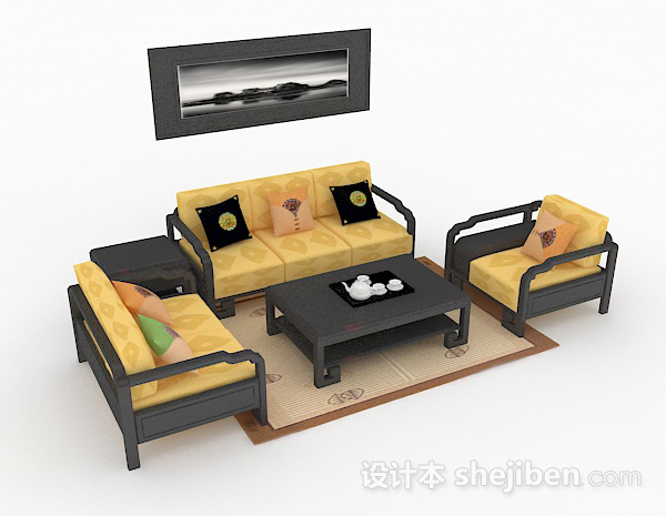 新中式家居黄色组合沙发3d模型下载