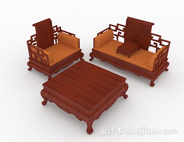 中式木质棕色组合沙发3d模型下载