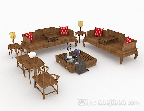 中式木质组合沙发