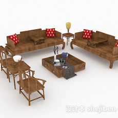 中式木质组合沙发3d模型下载