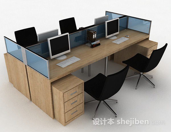 棕色木质办公桌椅组合3d模型下载