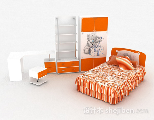 设计本儿童橙色单人床3d模型下载