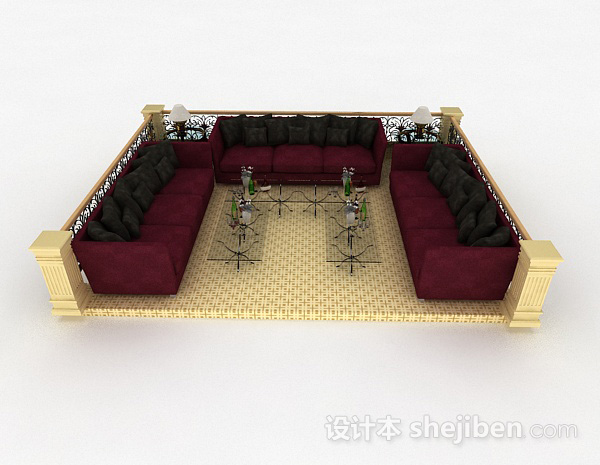 欧式风格欧式红色客厅多人组合沙发3d模型下载