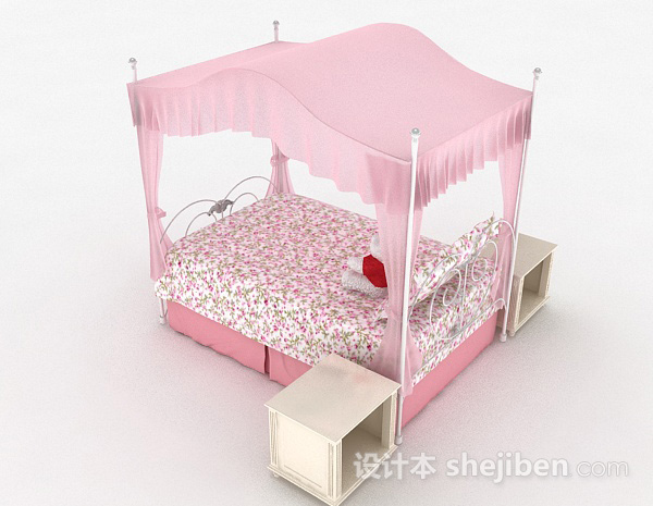 设计本粉色公主风碎花单人床3d模型下载