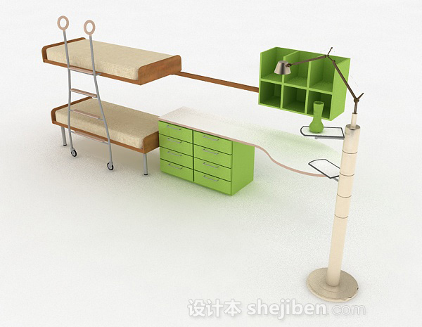 免费浅绿色上下层单人床3d模型下载