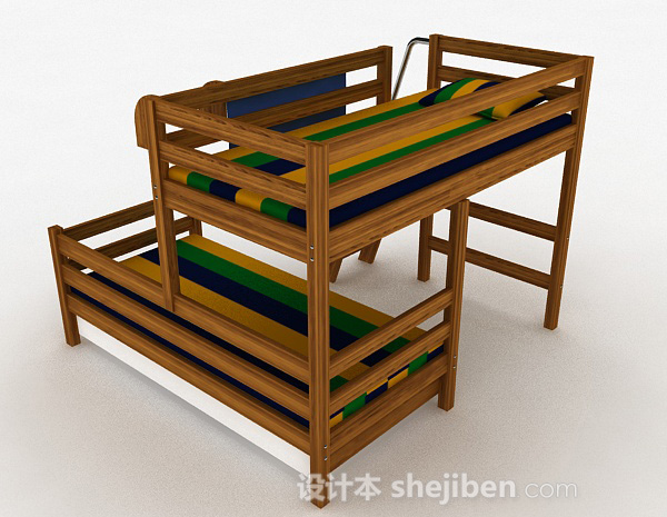 设计本棕色木质条纹双层床3d模型下载