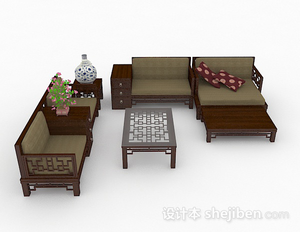 设计本中式棕色组合沙发3d模型下载
