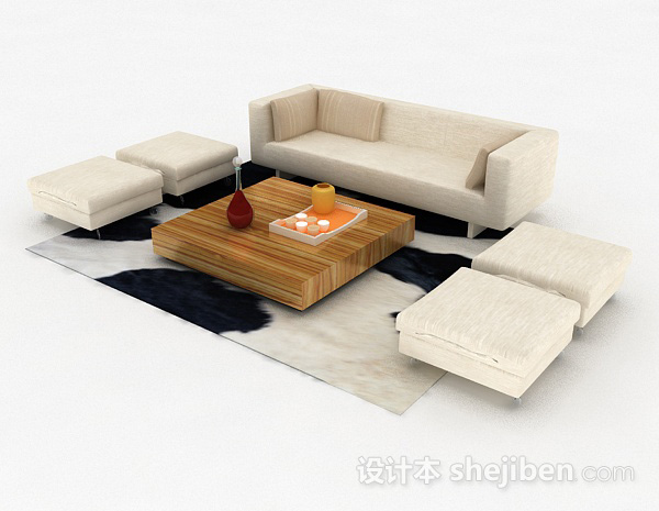 免费米白色家居简约组合沙发3d模型下载