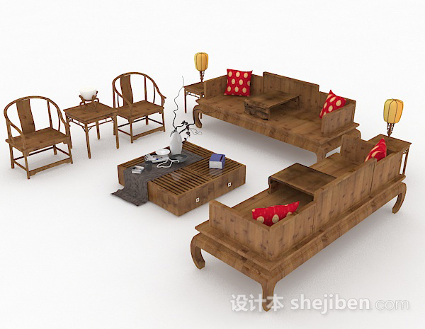 中式风格中式木质组合沙发3d模型下载