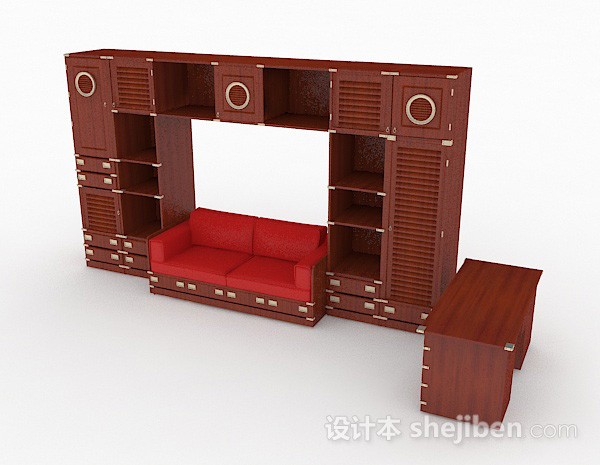 中式风格中式家居木墙柜3d模型下载