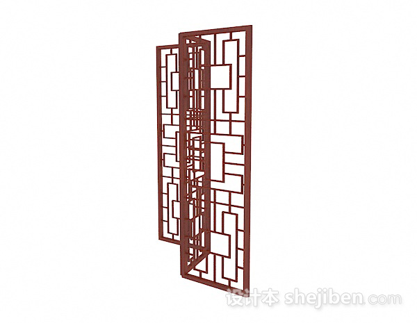 中式风格枣红色三面木质屏风3d模型下载