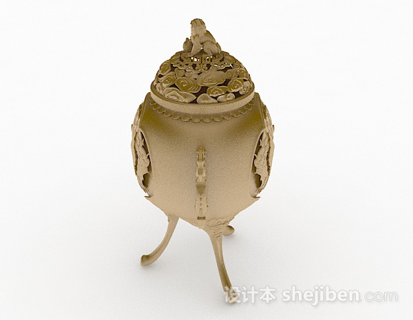 中式风格棕色金属雕刻香炉3d模型下载