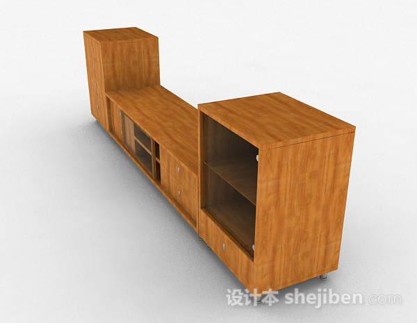 免费浅木色长款木质电视柜3d模型下载