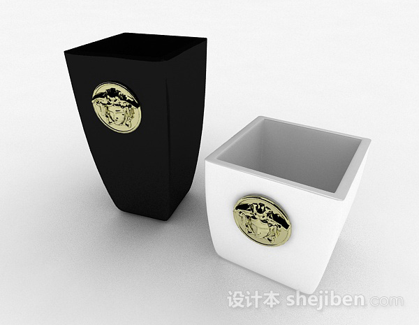 免费黑白色方形陶瓷花瓶3d模型下载