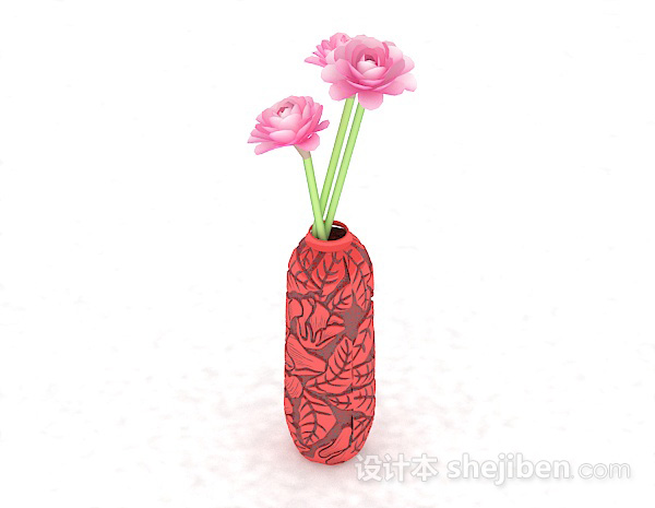 免费红色雕花花瓶3d模型下载