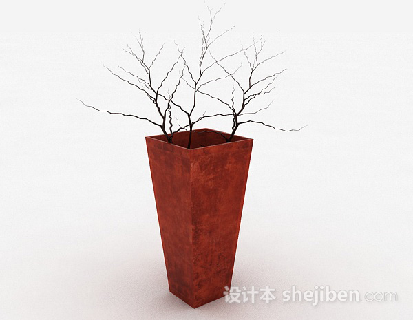 现代风格枣红色方形室内盆栽3d模型下载