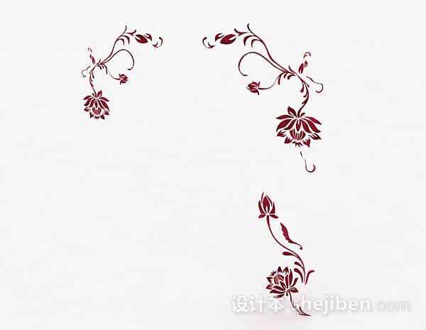 现代风格枣红色花卉图案墙纸3d模型下载