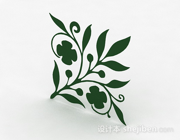 现代风格绿色花卉图案墙纸3d模型下载