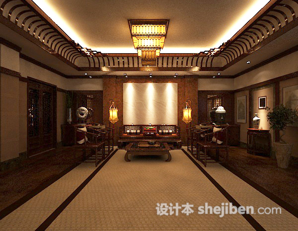 中式客厅沙发3d模型下载