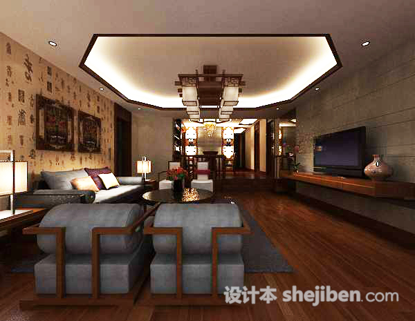 中式家居客厅3d模型下载